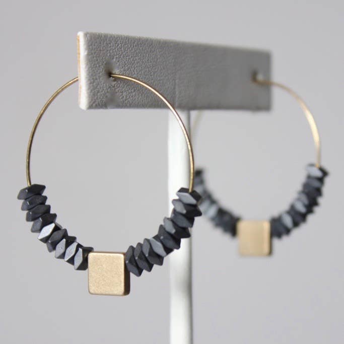 Geometric hematite and brass hoop earrings
