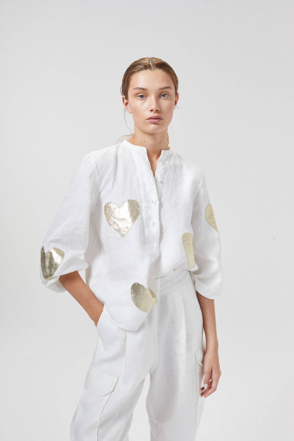 Linen Shirt w/ Gold Hearts