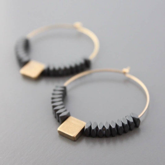 Geometric hematite and brass hoop earrings