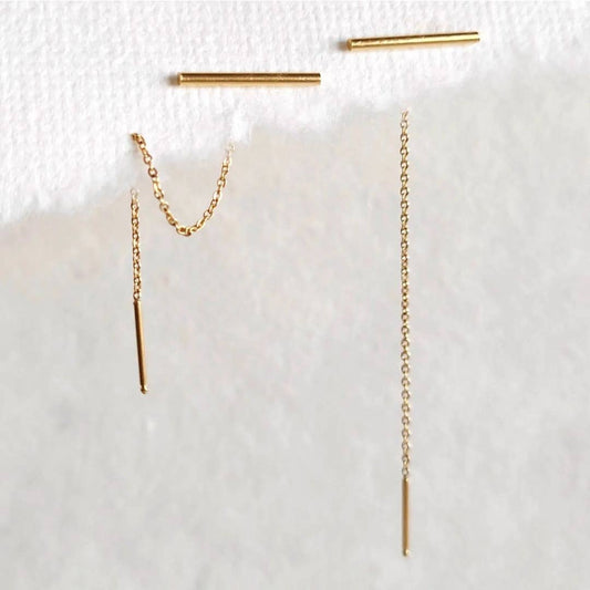 18 kt gold plated bar chain mini threader earrings