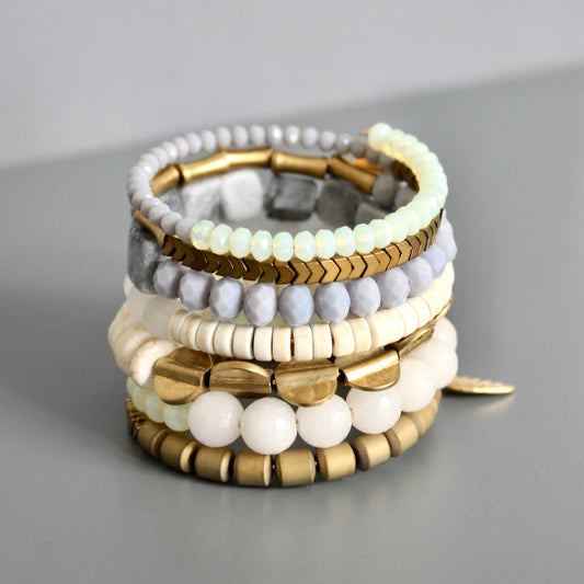 Gray, white, and brass wrap bracelet