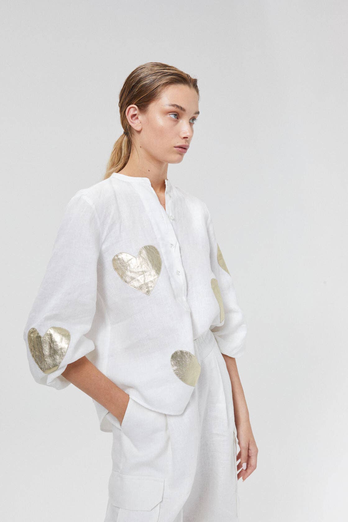 Linen Shirt w/ Gold Hearts