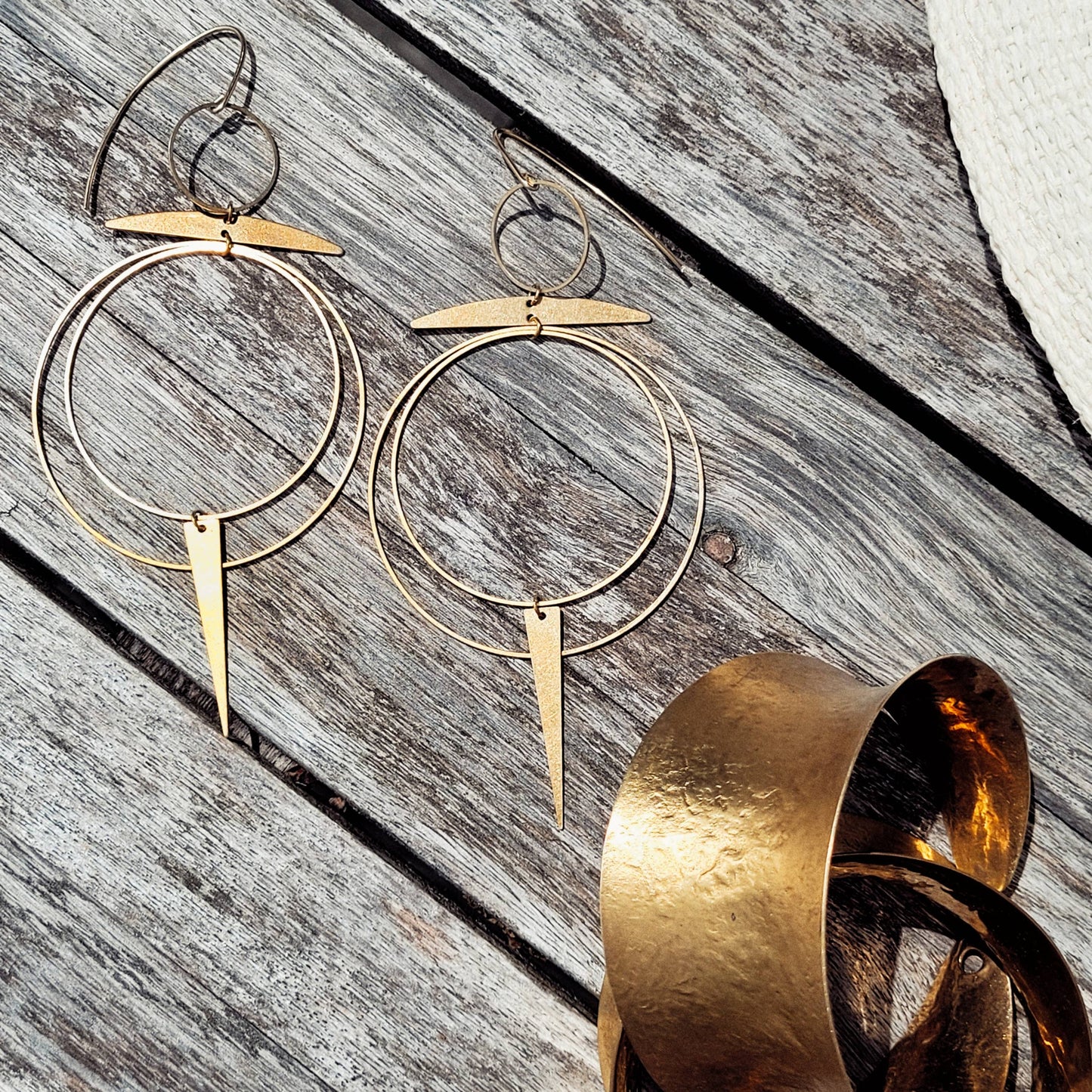 Brass hoops big light chandelier earrings handmade solstice
